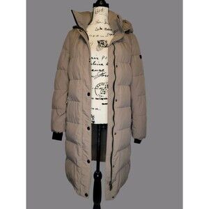 DKNY Women’s Small Beige Hooded Long Puffer Coat Trench Style Jacket